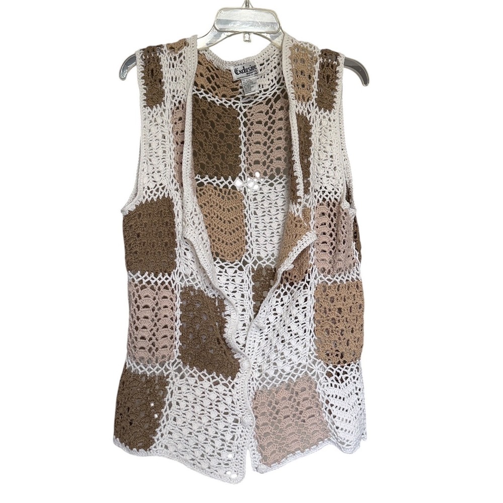 Exclusive Imports Crochet Patchwork Vest Brown Cream Boho One Size Cottagecore